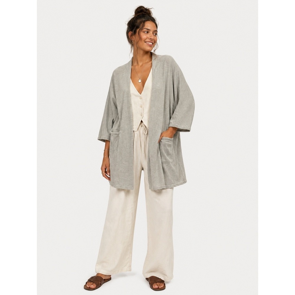 DONNI Grey Striped Open Front Kimono Cardigan 3/4 Sleeve Pockets OSFA One Size